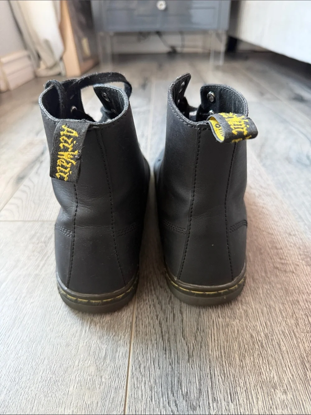Dr. Martens Black Leather Lace-Up Combat Boots with Yellow Stitching